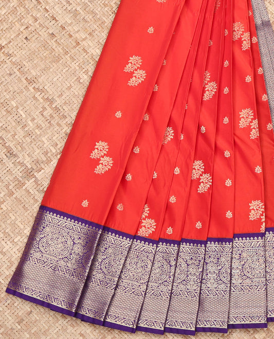 Red Budget Silk Saree, Graced with Zari Buttas on Its Body, Complemented by a Contrast Traditional Zari Border of Paisleys, Jaal Pallu, and Paired with a Contrast Blouse