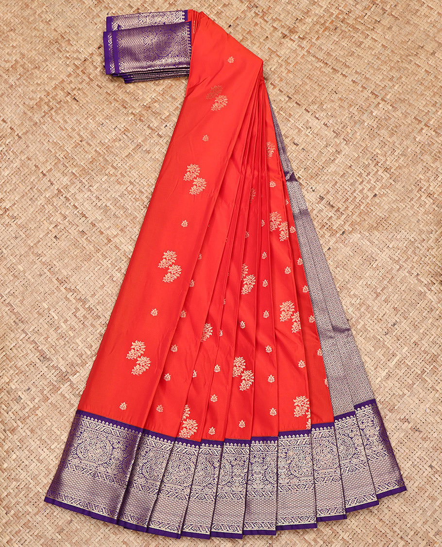 Red Budget Silk Saree, Graced with Zari Buttas on Its Body, Complemented by a Contrast Traditional Zari Border of Paisleys, Jaal Pallu, and Paired with a Contrast Blouse