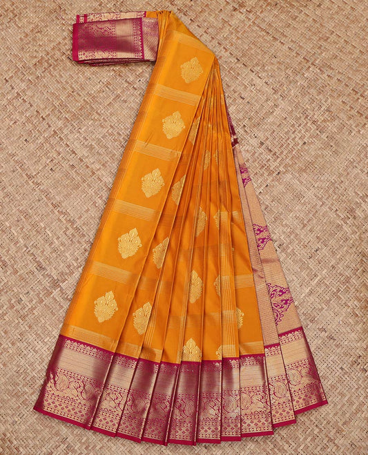 Manga Yellow Budget Silk Saree, Majestically Detailed with Zari Butta Enclosed Checks on Its Body, Complemented by a Contrast Traditional Zari Border, Grand Pallu, and Paired with a Contrast Blouse