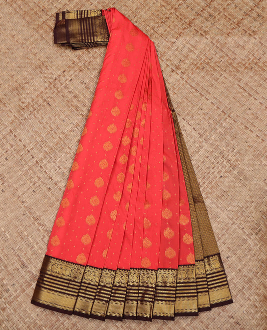 Orange Budget Silk Saree, Boldly Accentuated with Zari Buttas All Over Its Body, Complemented by a Contrast Traditional Zari Design Border, Grand Jaal Pallu, and Paired with a Contrast Blouse