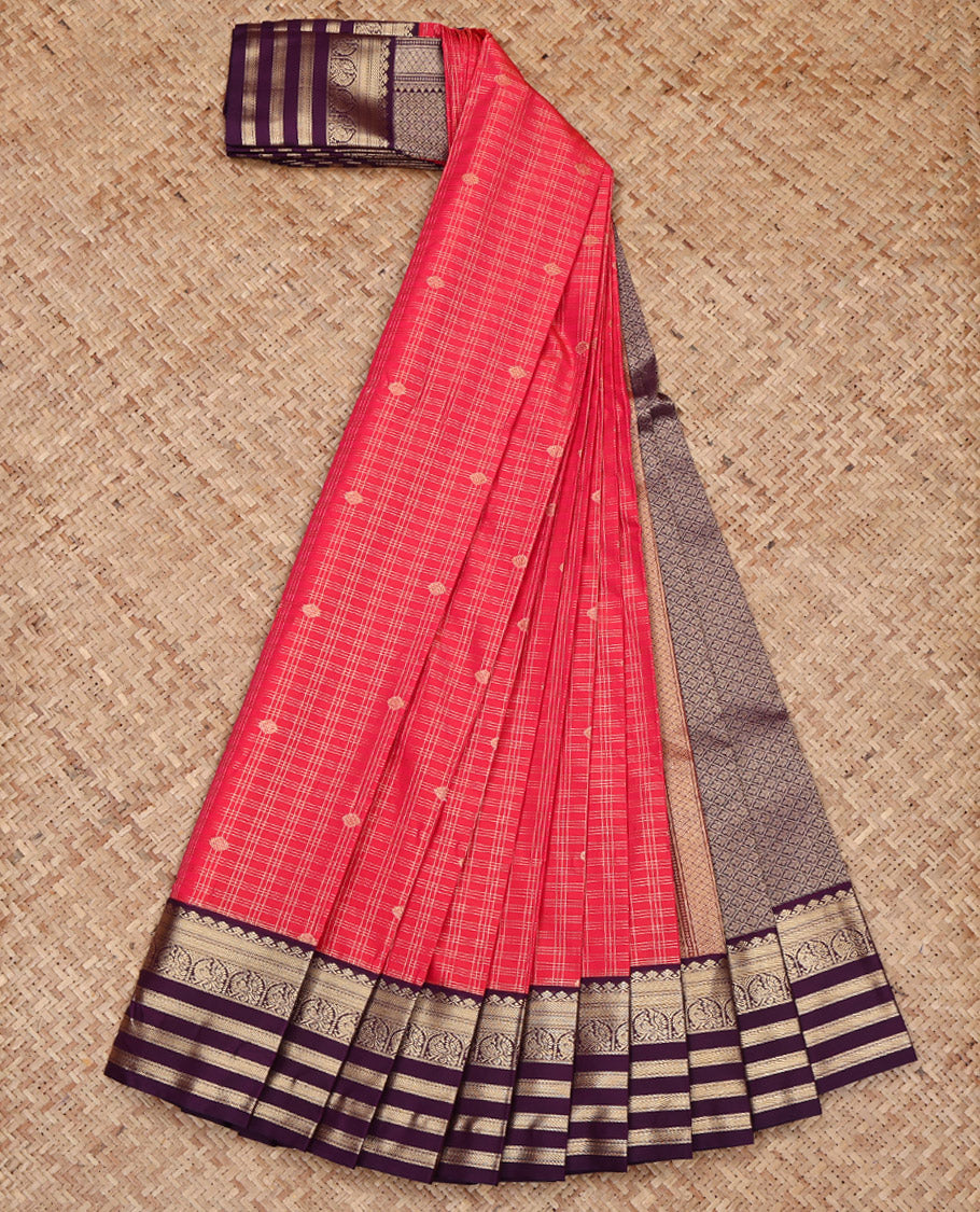 Red Budget Silk Saree, Richly Detailed with Zari Buttas and Zari Checked Design on Its Body, Complemented by a Contrast Traditional Zari Design Border, Grand Jaal Pallu, and Paired with a Contrast Blouse