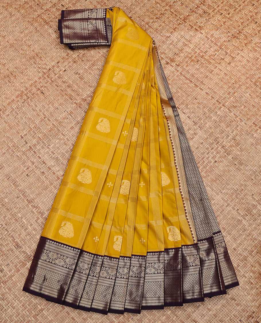 Yellow Budget Silk Saree, Subtly Sparkled with Zari Butta Enclosed Checks, Complemented by Contrast Traditional Border, Grand Pallu and a Contrast Blouse