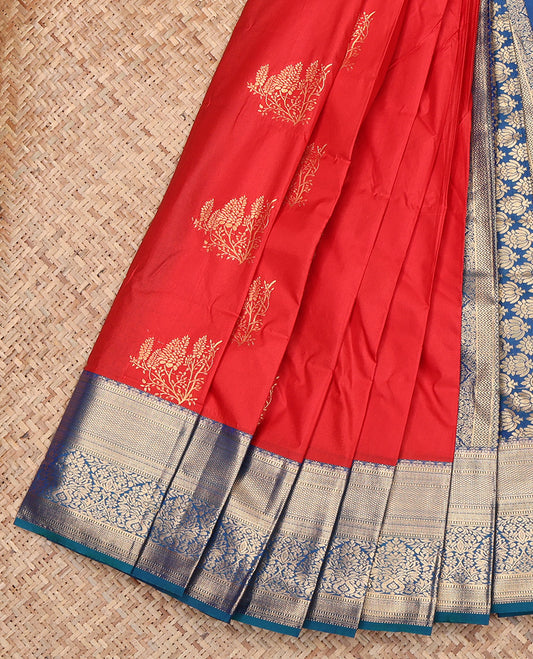 Red Budget Silk Saree, Detailed with Zari Buttas, Contrast Traditional Zari Border, Grand Pallu, and a Contrast Blouse