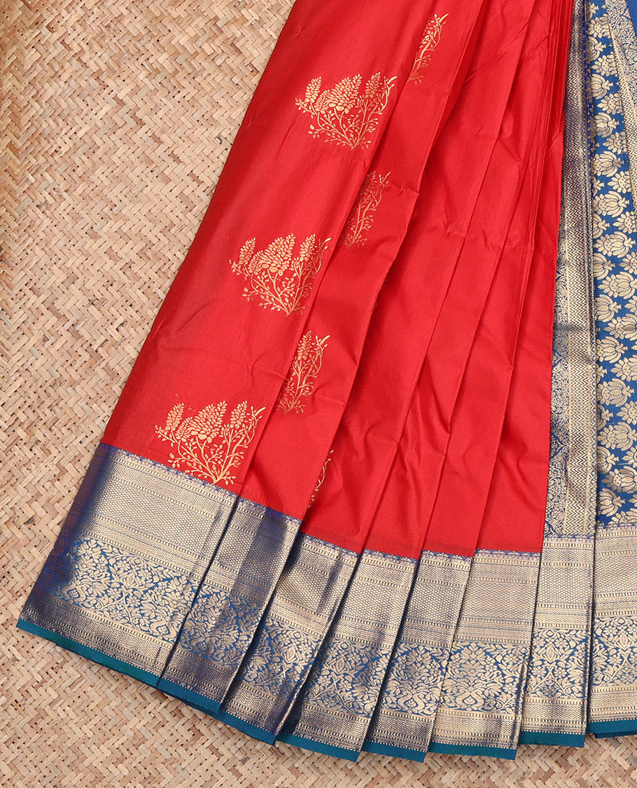 Red Budget Silk Saree, Detailed with Zari Buttas, Contrast Traditional Zari Border, Grand Pallu, and a Contrast Blouse
