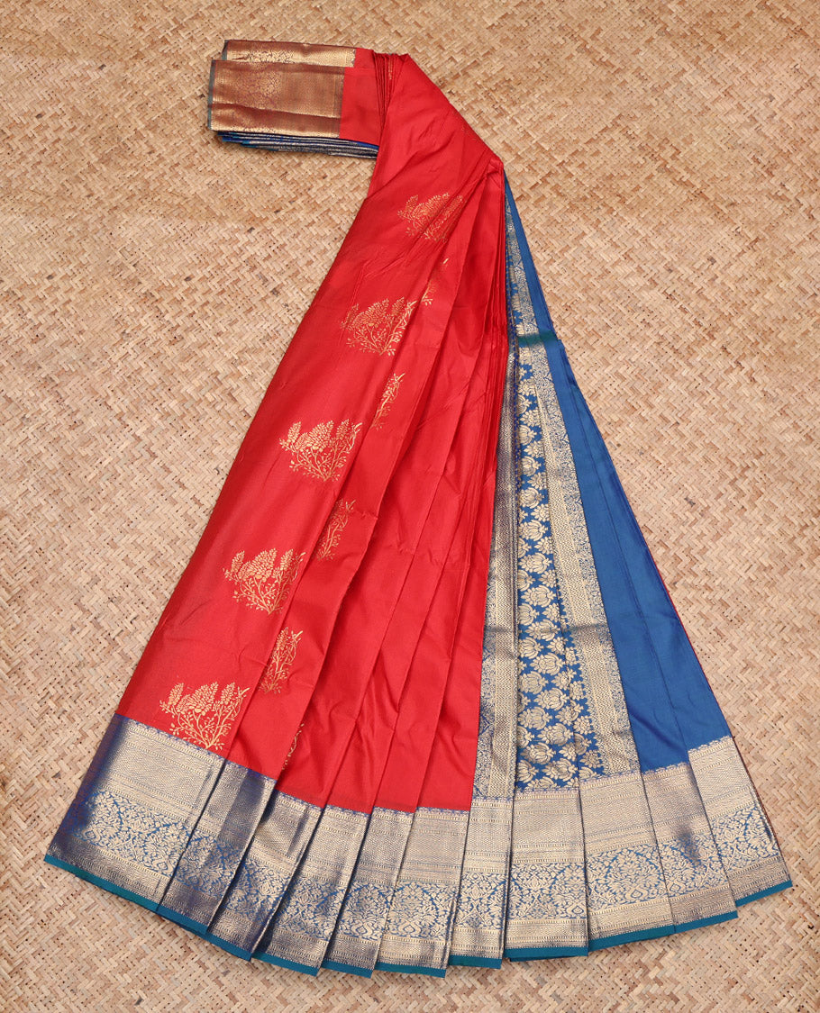Red Budget Silk Saree, Detailed with Zari Buttas, Contrast Traditional Zari Border, Grand Pallu, and a Contrast Blouse