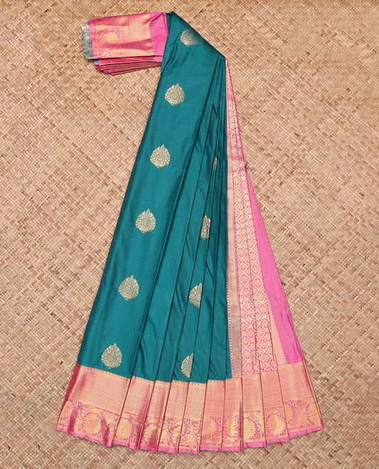 Green Budget Silk Saree, Subtly Woven with Zari Buttas, Complemented by Contrast Traditional Zari Border, Jaal Pallu and a Contrast Blouse