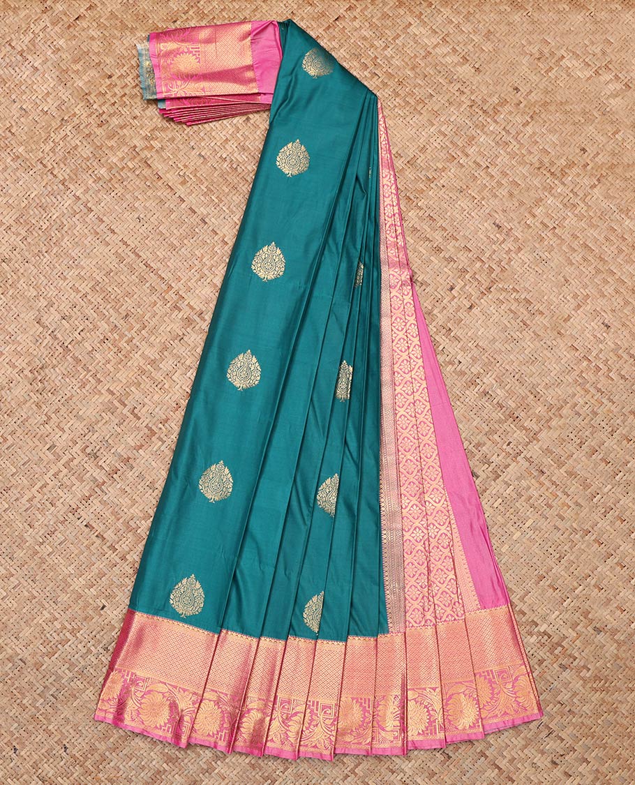 Green Budget Silk Saree, Subtly Woven with Zari Buttas, Complemented by Contrast Traditional Zari Border, Jaal Pallu and a Contrast Blouse