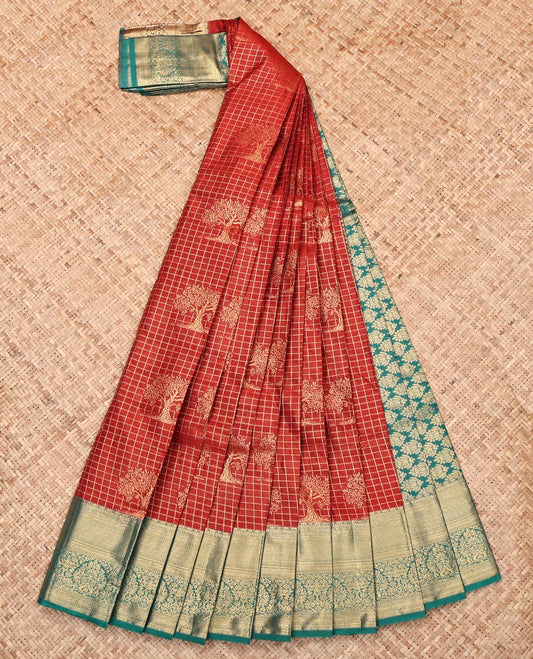 Orange Budget Silk Saree, Delicately Woven with Zari Buttas and Checks, Complemented by Contrast Traditional Zari Border, Intricate Pallu, and Contrast Blouse