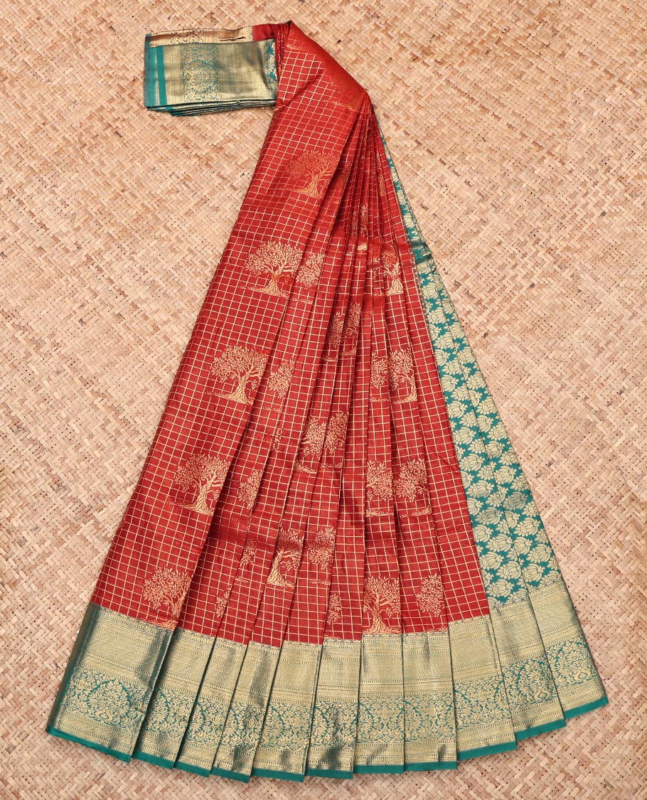 Orange Budget Silk Saree, Delicately Woven with Zari Buttas and Checks, Complemented by Contrast Traditional Zari Border, Intricate Pallu, and Contrast Blouse