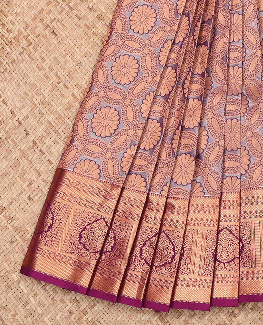 Grey Budget Silk Saree, Subtly Enriched with Jacquard Design, Complemented by a Contrast Floral Creeper Zari Border, Jaal Pallu, and Contrast Blouse