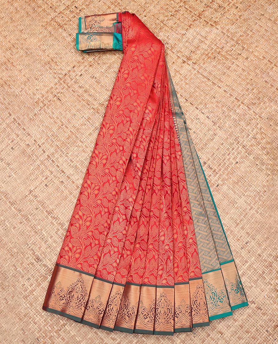 Red Budget Silk Saree, Bedecked with Jacquard Design, Complemented by a Contrast Zari Border, Grand Pallu, and a Contrast Blouse