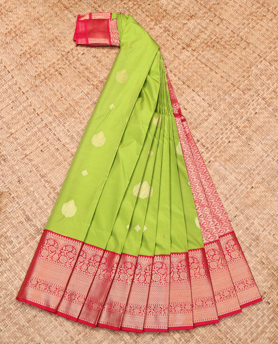 Parrot Green Budget Silk Saree, Adorned with Zari Buttas, Complemented by Contrast Traditional Zari Border, Grand Pallu, and a Contrast Blouse