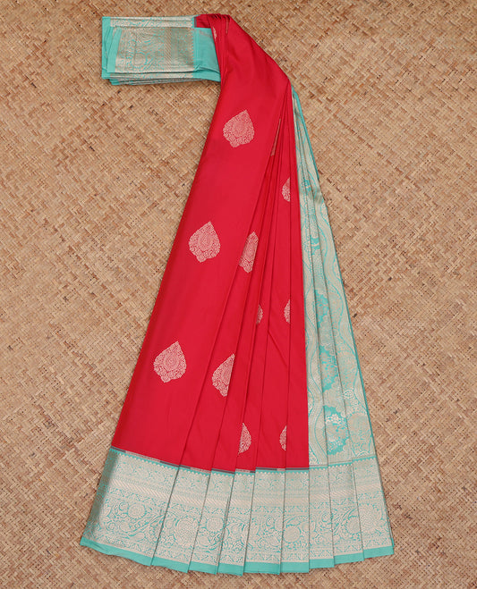 Red Budget Silk Saree, Mesmerized with Zari Buttas, Complemented by a Contrast Traditional Zari Border, Grand Pallu, and a Contrast Blouse