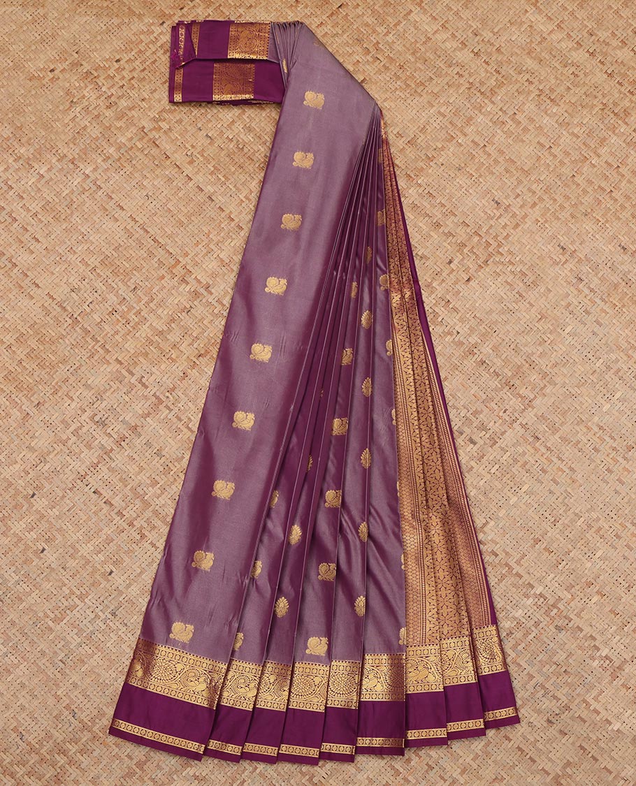 Purple Budget Silk Saree, Mesmerized with Peacock-Floral Buttas, a Contrast Traditional Zari Border, a Jaal Pallu and a Contrast Blouse
