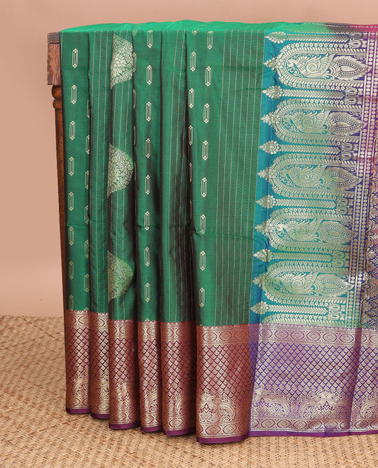 Dark green striped, floral design gift saree with contrast zari design border & argyle design pallu