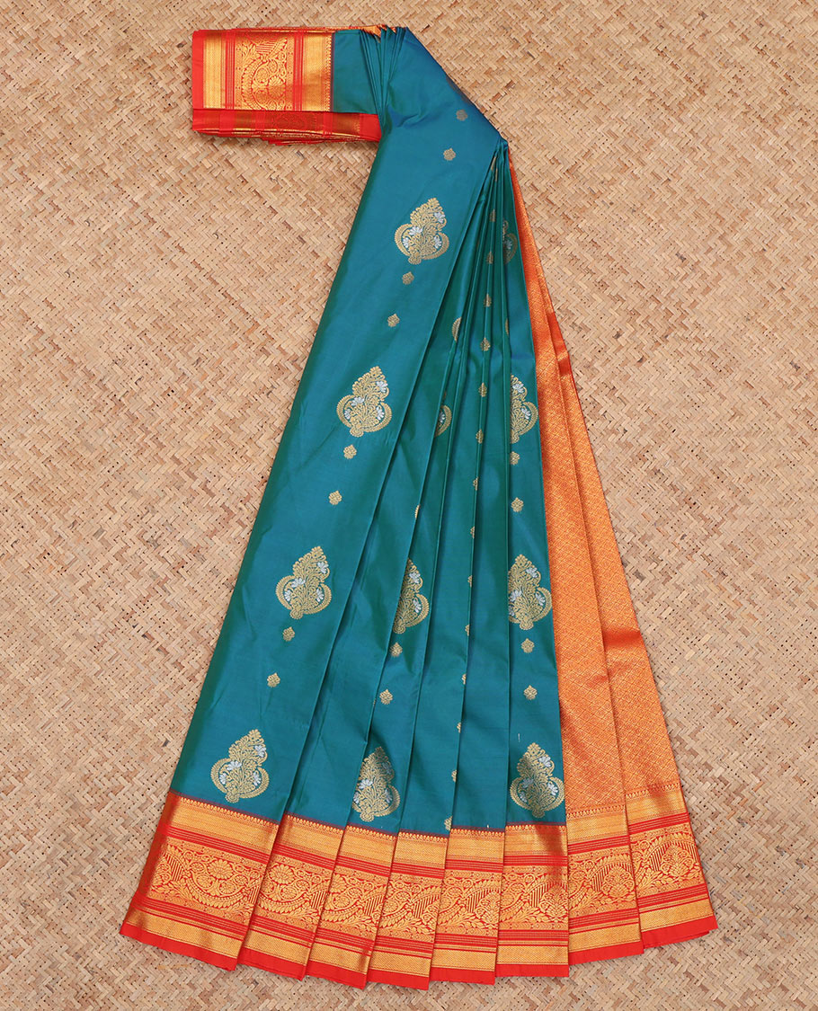 Blue Budget Silk Saree, Enlivened with Zari Buttas, Complemented by Contrast Traditional Zari Border, a Jaal Pallu and a Contrast Blouse