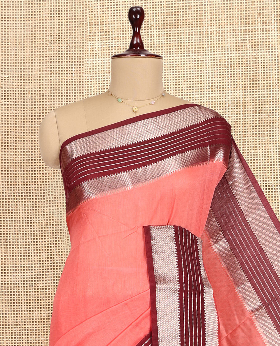 Peach Plain Assam Silk Saree, Complemented by Contrast Traditional Zari Border,  Zari Woven Pallu, and Contrast Blouse