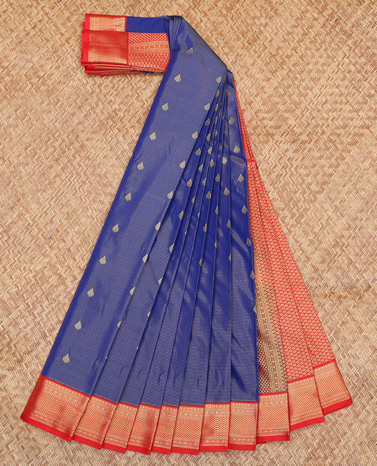 Blue Budget Silk Saree, Beautified with Zari Buttas and Stripes, a Contrast Traditional Zari Border, Grand Pallu, and a Contrast Blouse