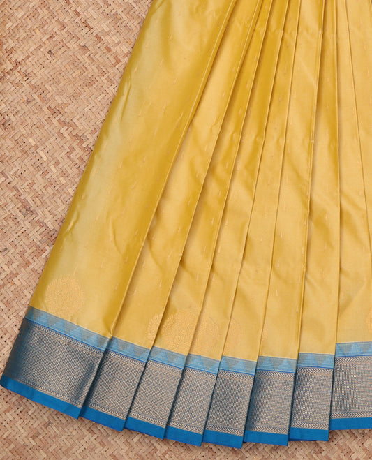 Yellow Budget Silk Saree, Sparsely Woven with Zari Buttas, a Contrast Traditional Zari Border, Grand Pallu, and a Contrast Blouse