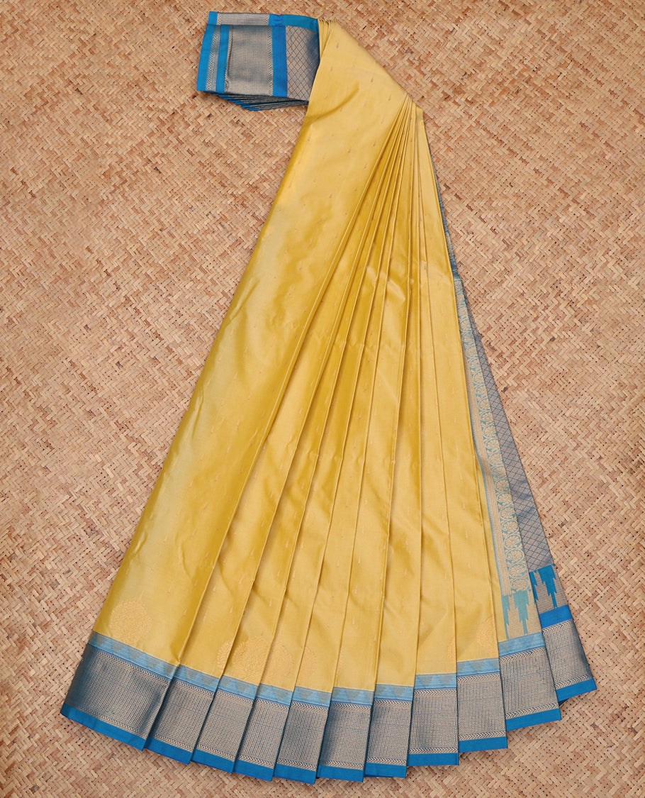 Yellow Budget Silk Saree, Sparsely Woven with Zari Buttas, a Contrast Traditional Zari Border, Grand Pallu, and a Contrast Blouse