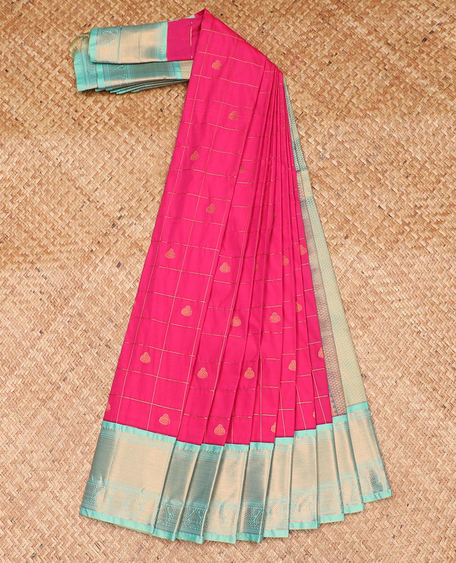 Pink zari buttas enclosed checked gift saree, contrast traditional zari border, and intricate pallu