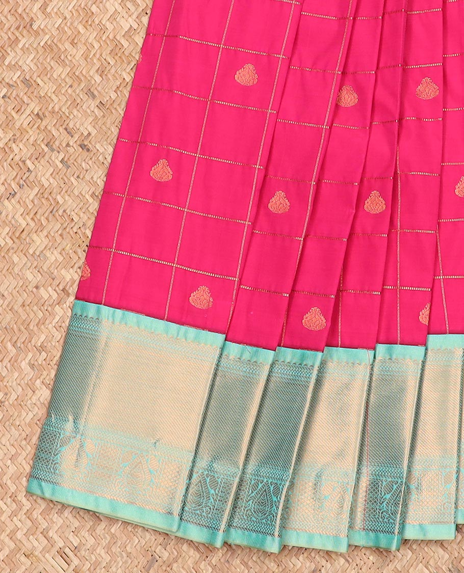 Pink zari buttas enclosed checked gift saree, contrast traditional zari border, and intricate pallu