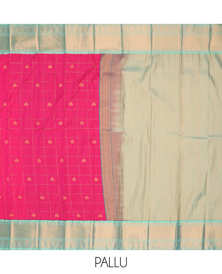 Pink zari buttas enclosed checked gift saree, contrast traditional zari border, and intricate pallu