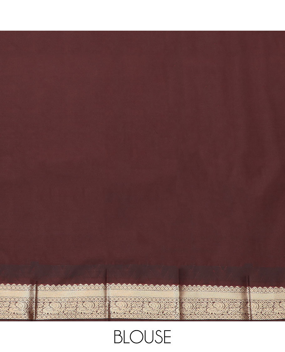 Orange buttas budget silk saree, contrast temple traditional border of peacock designs, and jaal pallu