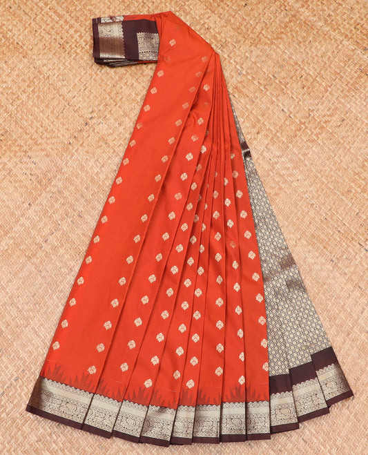 Orange buttas budget silk saree, contrast temple traditional border of peacock designs, and jaal pallu