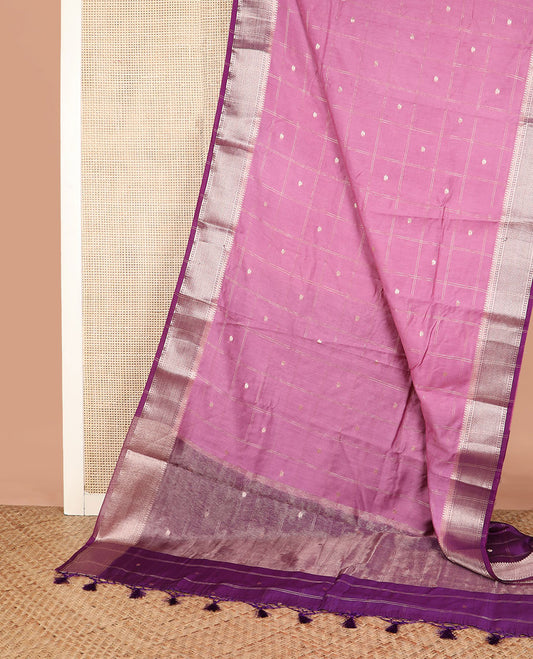 Pink buttas enclosed checked assam silk saree, contrast traditional zari border, and pallu of zari design
