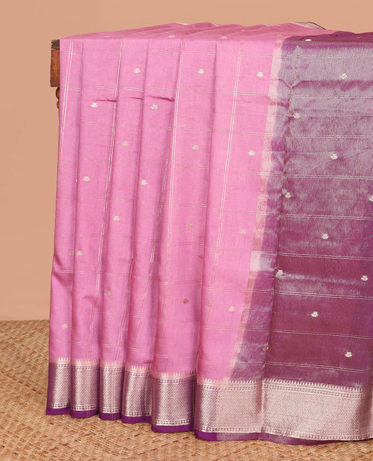 Pink buttas enclosed checked assam silk saree, contrast traditional zari border, and pallu of zari design