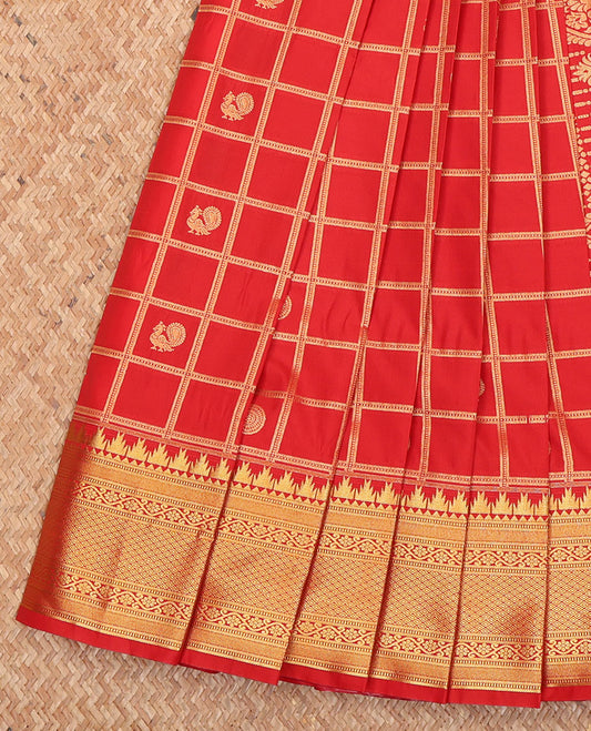 Red Budget Silk Saree, Artfully Detailed with Peacock-Chakram Butta Enclosed Checks All Over Its Body, Highlighted by a Temple Zari Border of Traditional Designs, Pallu Depicts Mughal-Style  Designs, and Paired with a Matching Blouse