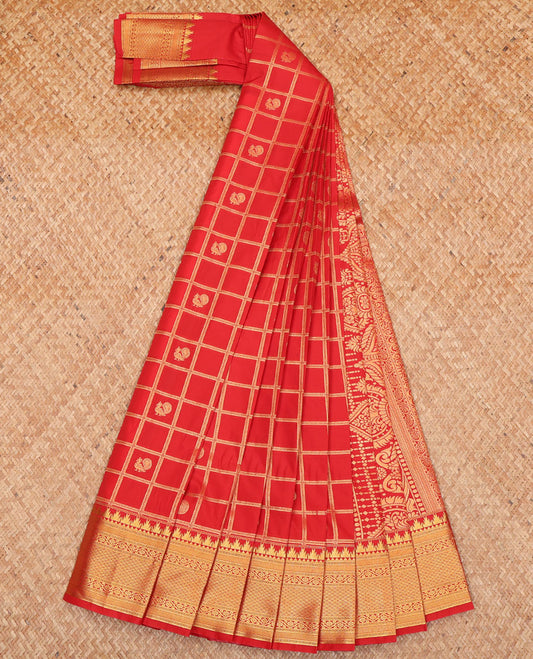 Red Budget Silk Saree, Artfully Detailed with Peacock-Chakram Butta Enclosed Checks All Over Its Body, Highlighted by a Temple Zari Border of Traditional Designs, Pallu Depicts Mughal-Style  Designs, and Paired with a Matching Blouse