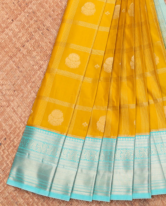 Yellow Budget Silk Saree, Sparsely Woven with Zari Buttas and Checks, Complemented by a Contrast Traditional Zari Border, Subtly Sparkled Pallu, and Contrast Blouse