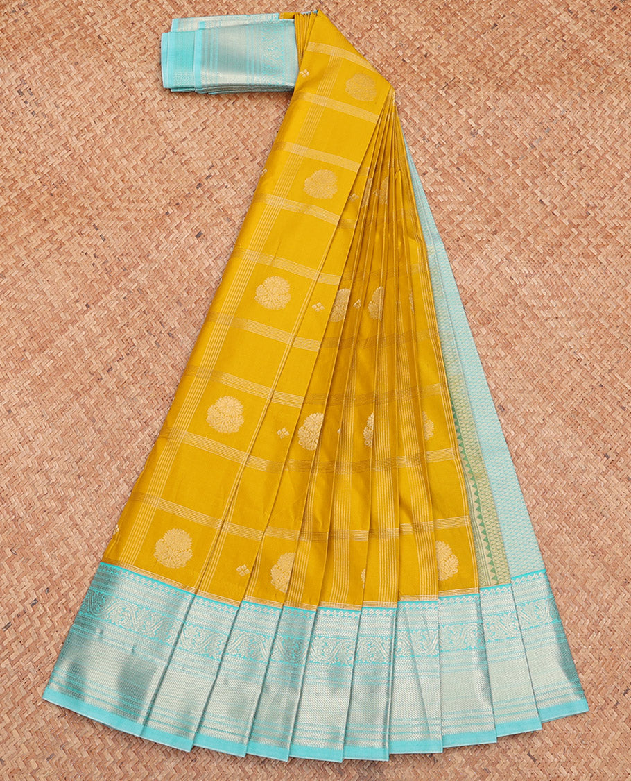 Yellow Budget Silk Saree, Sparsely Woven with Zari Buttas and Checks, Complemented by a Contrast Traditional Zari Border, Subtly Sparkled Pallu, and Contrast Blouse