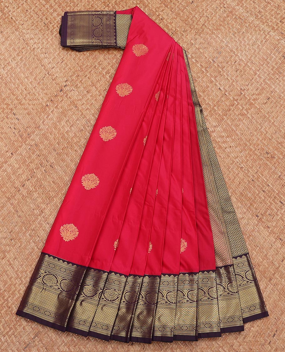 Red Budget Silk Saree, Graced with Zari Buttas, Complemented by Contrast Traditional Zari Border, Grand Pallu, and Contrast Blouse