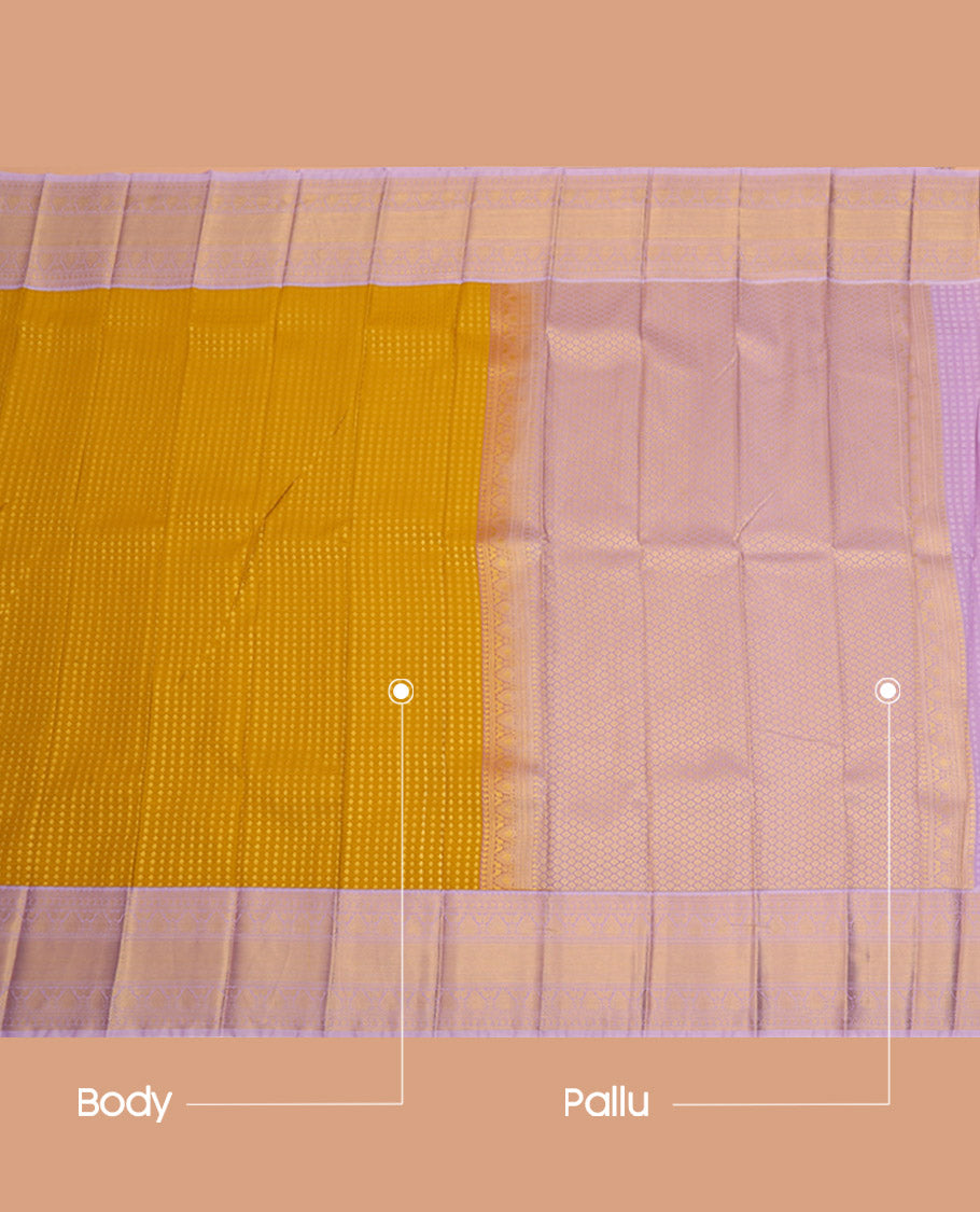 Yellow Budget Silk Saree Prettified with Butta Enclosed Sparsely Checks, Highlighted with a Contrast Traditional Zari Design Border, Pallu of Jaal Design, and Paired with a Contrast Blouse