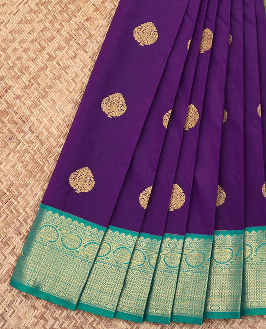Dark Violet Budget Silk Saree, Beautified with Zari Buttas All Over Its Body, Complemented by a Contrast Traditional Zari Border of Floral Creeper Designs, Grand Jaal Pallu, and Paired with a Contrast Blouse