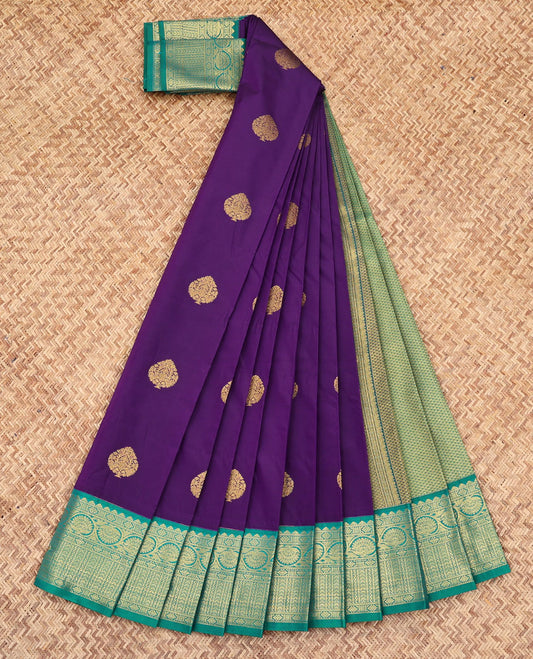 Dark Violet Budget Silk Saree, Beautified with Zari Buttas All Over Its Body, Complemented by a Contrast Traditional Zari Border of Floral Creeper Designs, Grand Jaal Pallu, and Paired with a Contrast Blouse