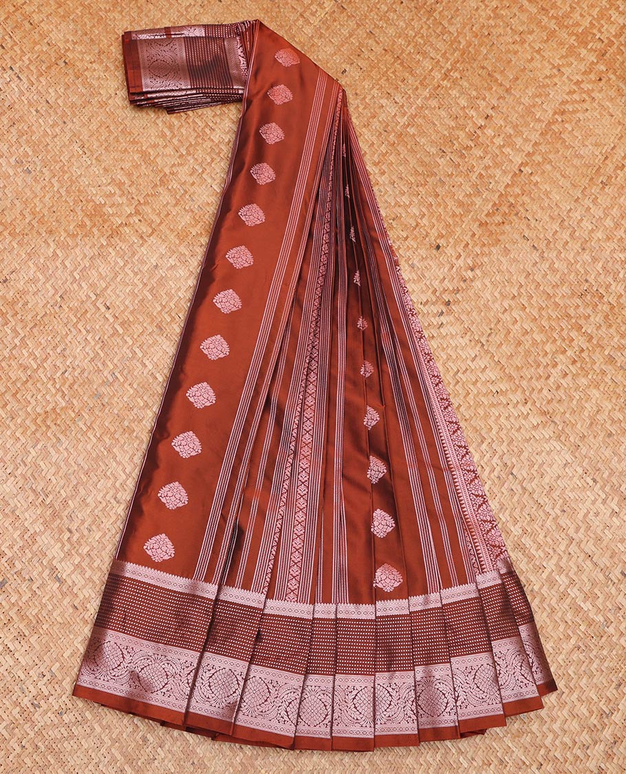 Brown Budget Silk Saree, Highlighted by Zari Buttas All Over Its Body, Highlighted by a Traditional Zari Design Border, Intricately Designed Pallu, and Paired with a Matching Blouse