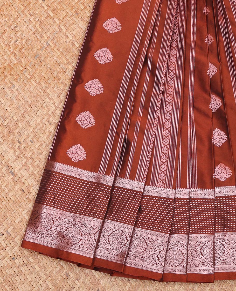 Brown Budget Silk Saree, Highlighted by Zari Buttas All Over Its Body, Highlighted by a Traditional Zari Design Border, Intricately Designed Pallu, and Paired with a Matching Blouse