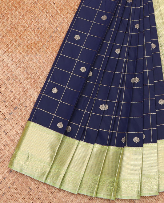 Blue Budget Silk Saree, Adorned with Zari Buttas Enclosed Checks on Its Body, Complemented by Contrast Traditional Zari Border of Peacock Designs, Jaal Pallu, and Paired with a Contrast Blouse