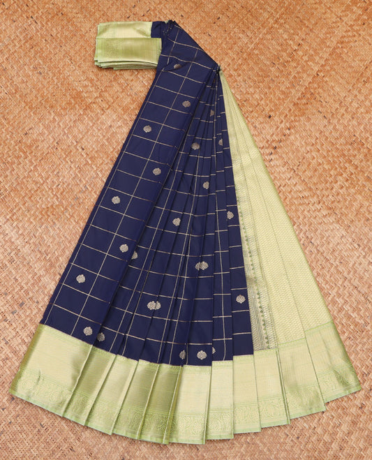 Blue Budget Silk Saree, Adorned with Zari Buttas Enclosed Checks on Its Body, Complemented by Contrast Traditional Zari Border of Peacock Designs, Jaal Pallu, and Paired with a Contrast Blouse