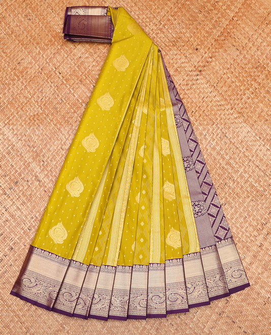Green Budget Silk Saree, Woven with Zari Buttas on Its Body, Complemented by a Contrast Traditional Zari Design Border, Intricately Designed Pallu, and Paired with a Contrast Blouse
