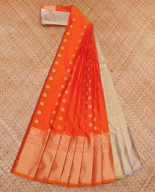 Orange Budget Silk Saree, Adorned with Zari Buttas All Over Its Body, Highlighted by Traditional Zari Designs Woven Border, Grand Pallu and Paired with a Contrast Blouse