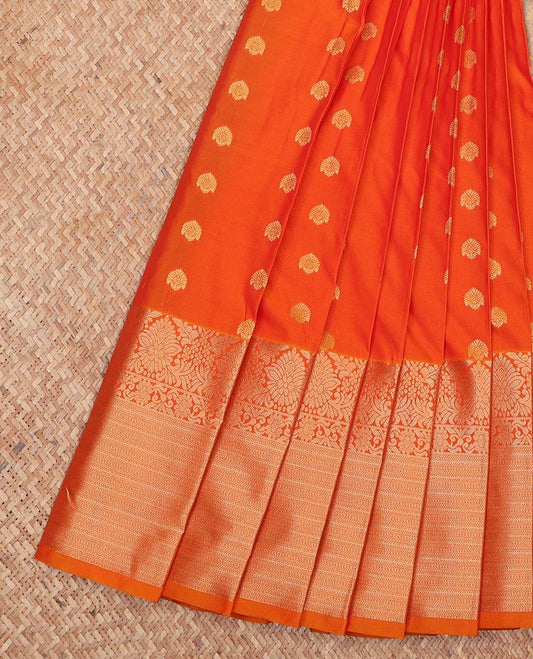 Orange Budget Silk Saree, Adorned with Zari Buttas All Over Its Body, Highlighted by Traditional Zari Designs Woven Border, Grand Pallu and Paired with a Contrast Blouse