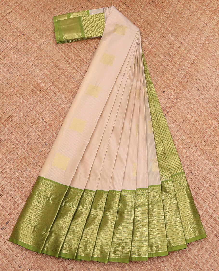 Beige Budget Silk Saree, Sparsely Threaded with Zari Buttas and Stripes, Complemented by a Contrast Traditional Zari Border, Jaal Pallu, and Contrast Blouse