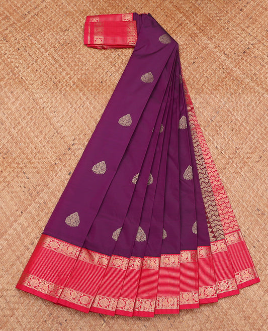Purple Budget Silk Saree, Embellished with Zari Buttas, Complemented by a Contrast Traditional Zari Border, Paisley Design Pallu, and a Contrast Blouse