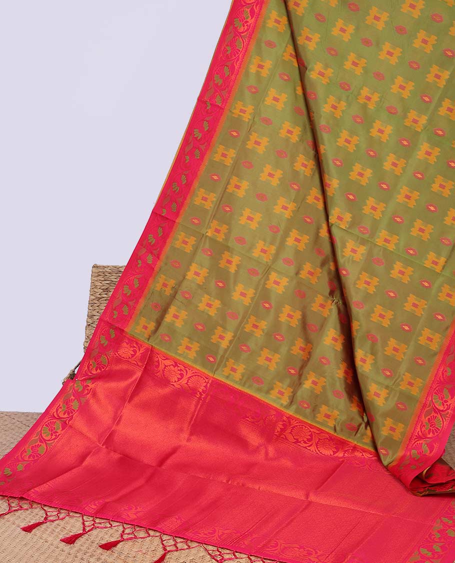 Blue ikkat geometric motifs butter silk saree with contrast floral zari border & intricate floral zari pallu