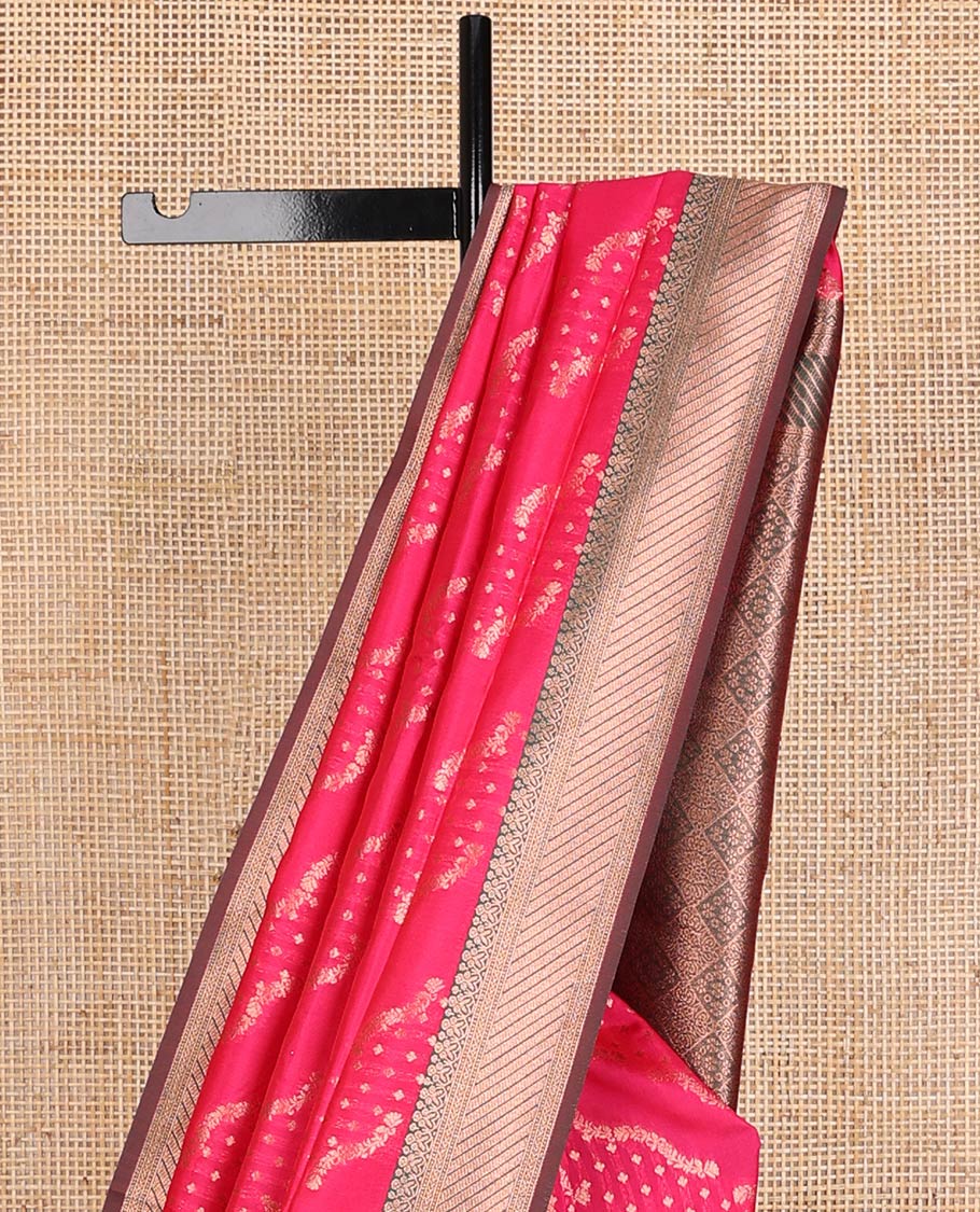 Pink butter silk saree with floral zari designs, contrast traditional zari design & jaal pallu